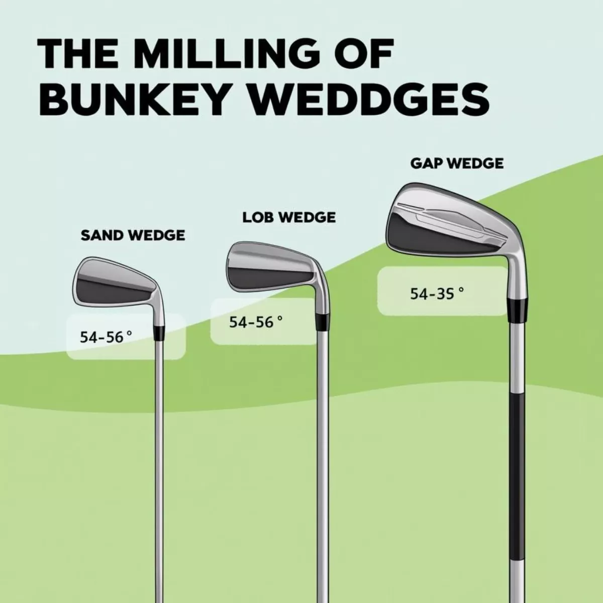 Golf club wedges: sand, lob and gap wedges.