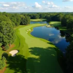 Aerial View of a Golf Course with Lush Green Fairways and Water Features