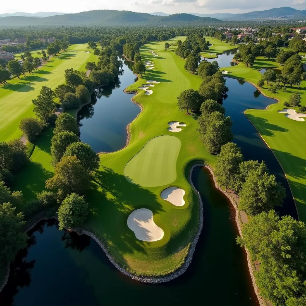 Aerial View Of A Golf Course With Water Hazards