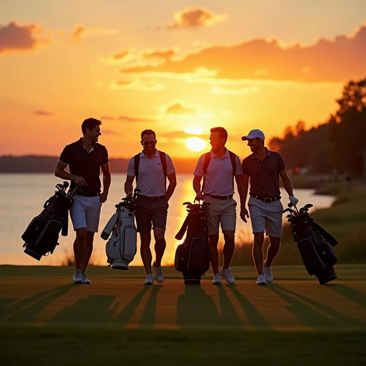 Friends Enjoying Golf At Sunset