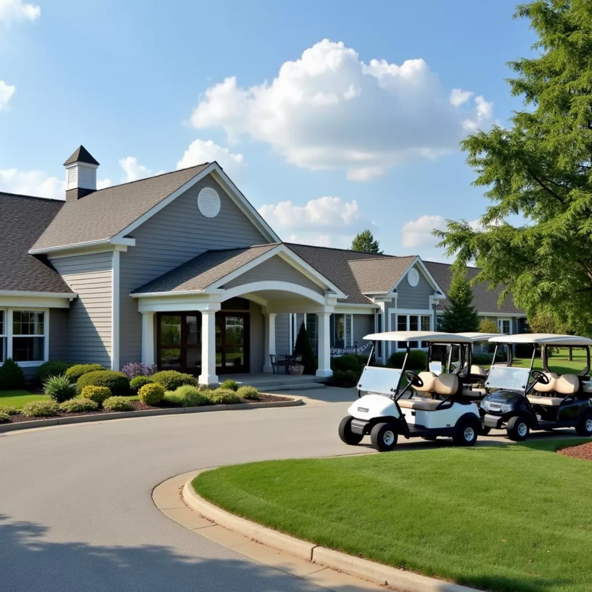 Exterior Of A Golf Course Clubhouse With Golf Carts Parked Nearby