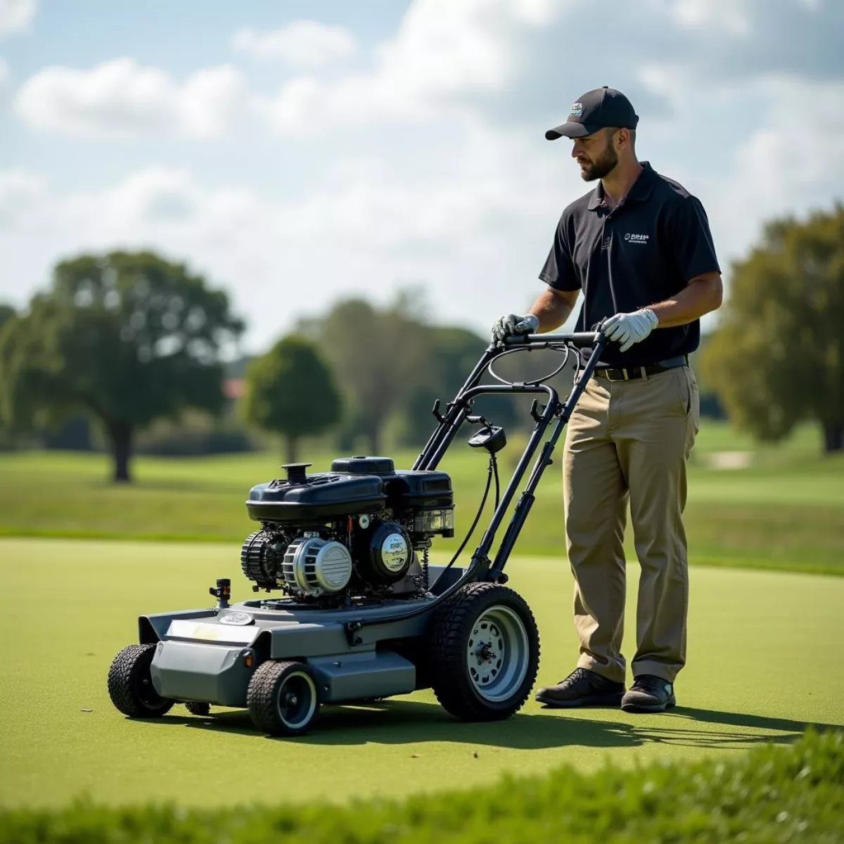 Golf Course Maintenance Worker Aerating Greens