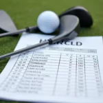 Golf scorecard with clubs and golf ball