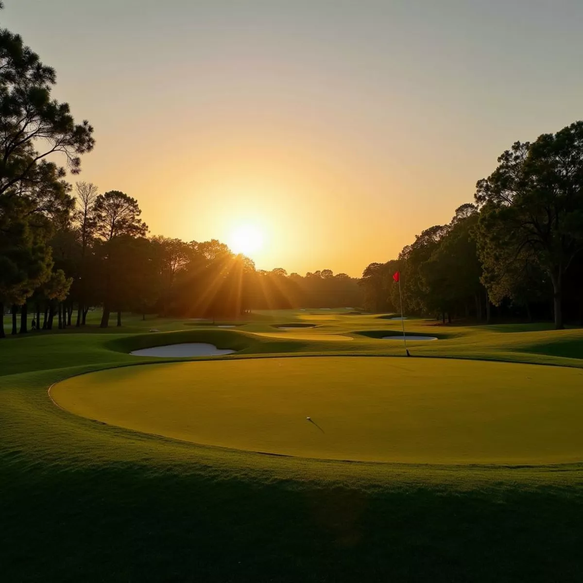 Empty Golf Course Fairway At Sunset