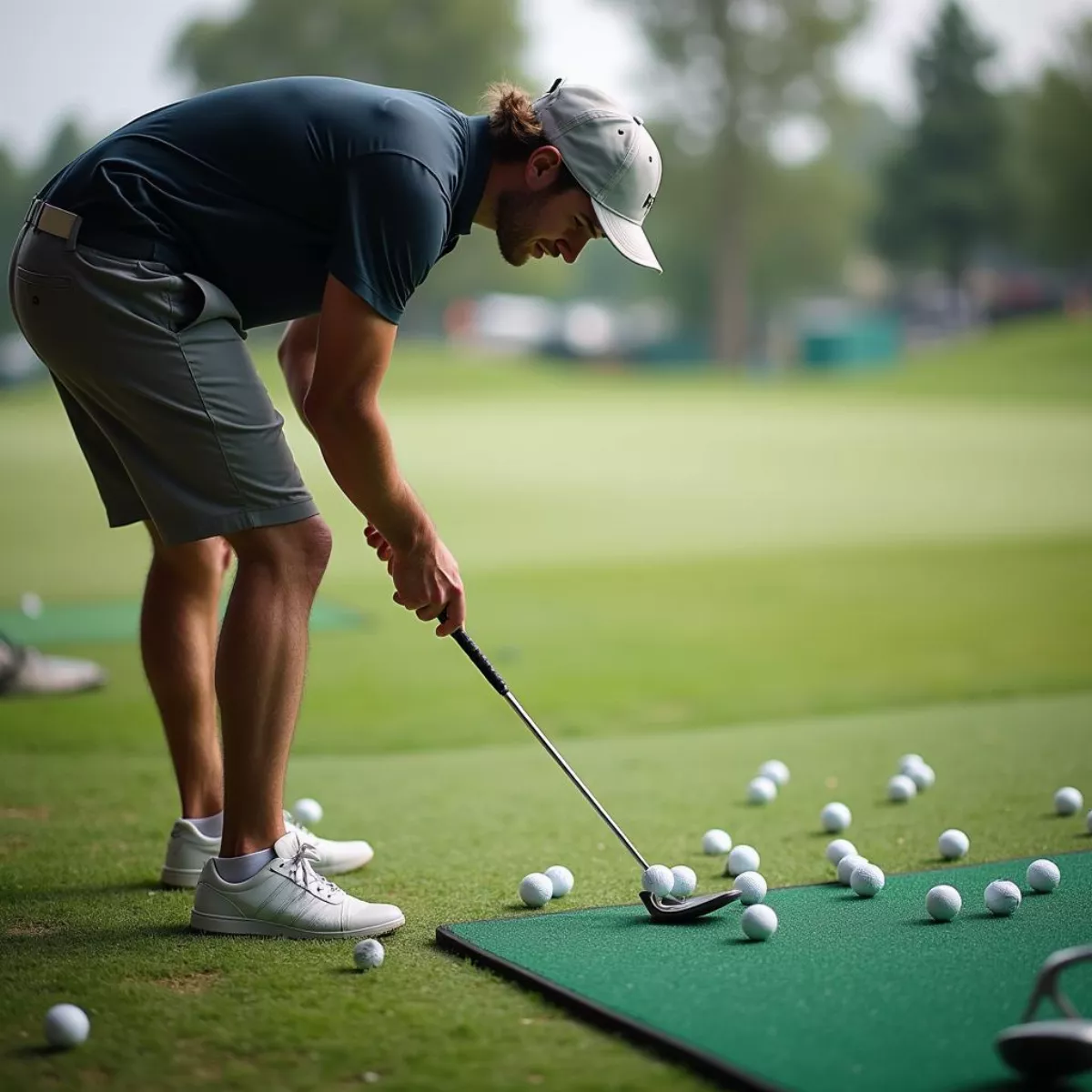 Golfer Picking Up Golf Balls At The Driving Range