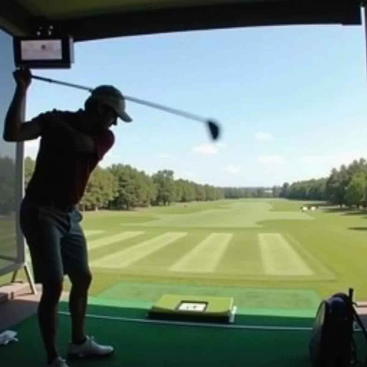 Golfer Practicing On Driving Range With Swing Speed Monitor