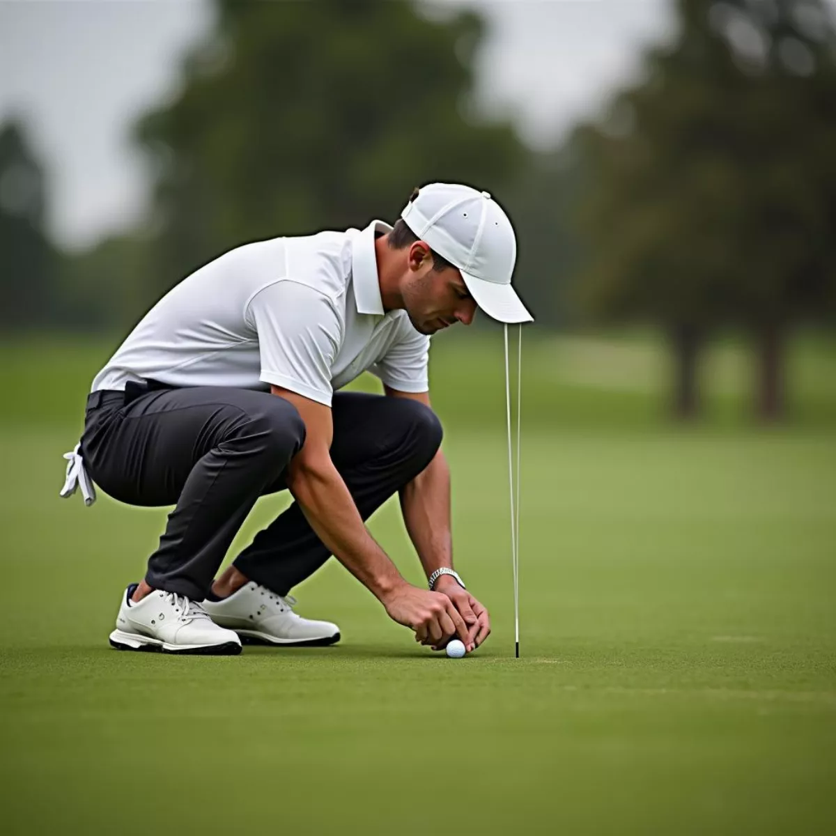 Golfer Placing Marker Behind Ball On Green