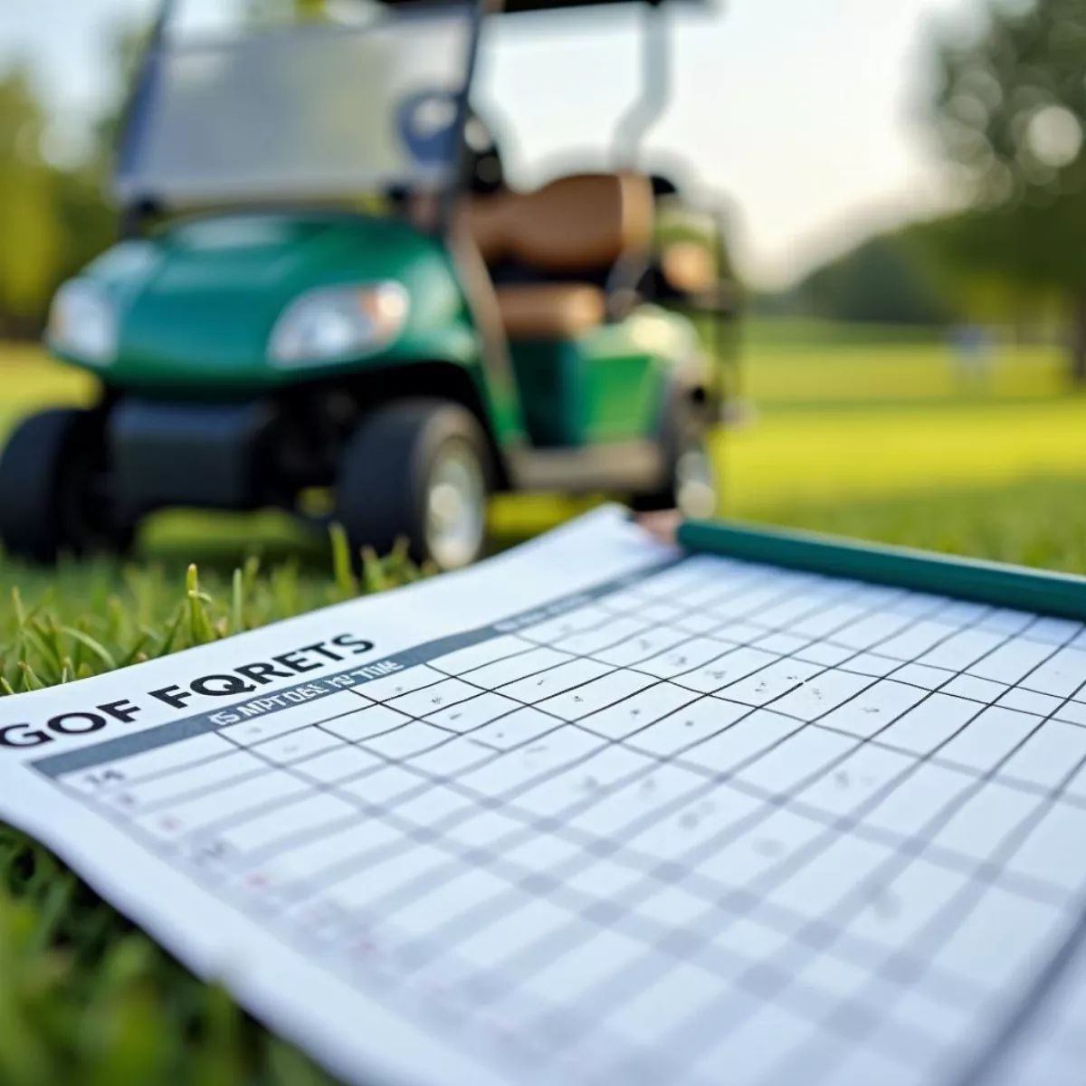 Golf Scorecard, Pencil, And Golf Cart In The Background.