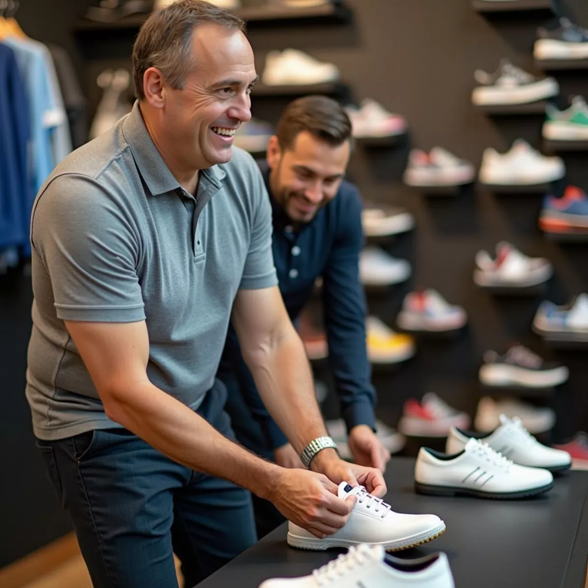 Man Trying On Golf Shoes In A Store