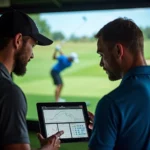 Golfer analyzing swing with coach