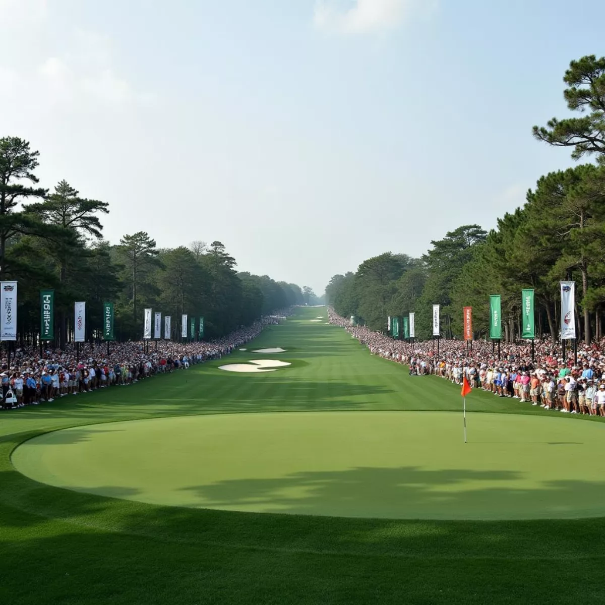 A Golf Tournament With Prominent Sponsor Banners Surrounding The Green.