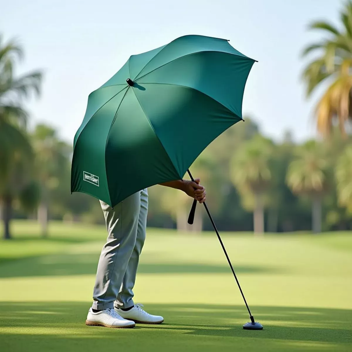 Golfer Using Umbrella On Course