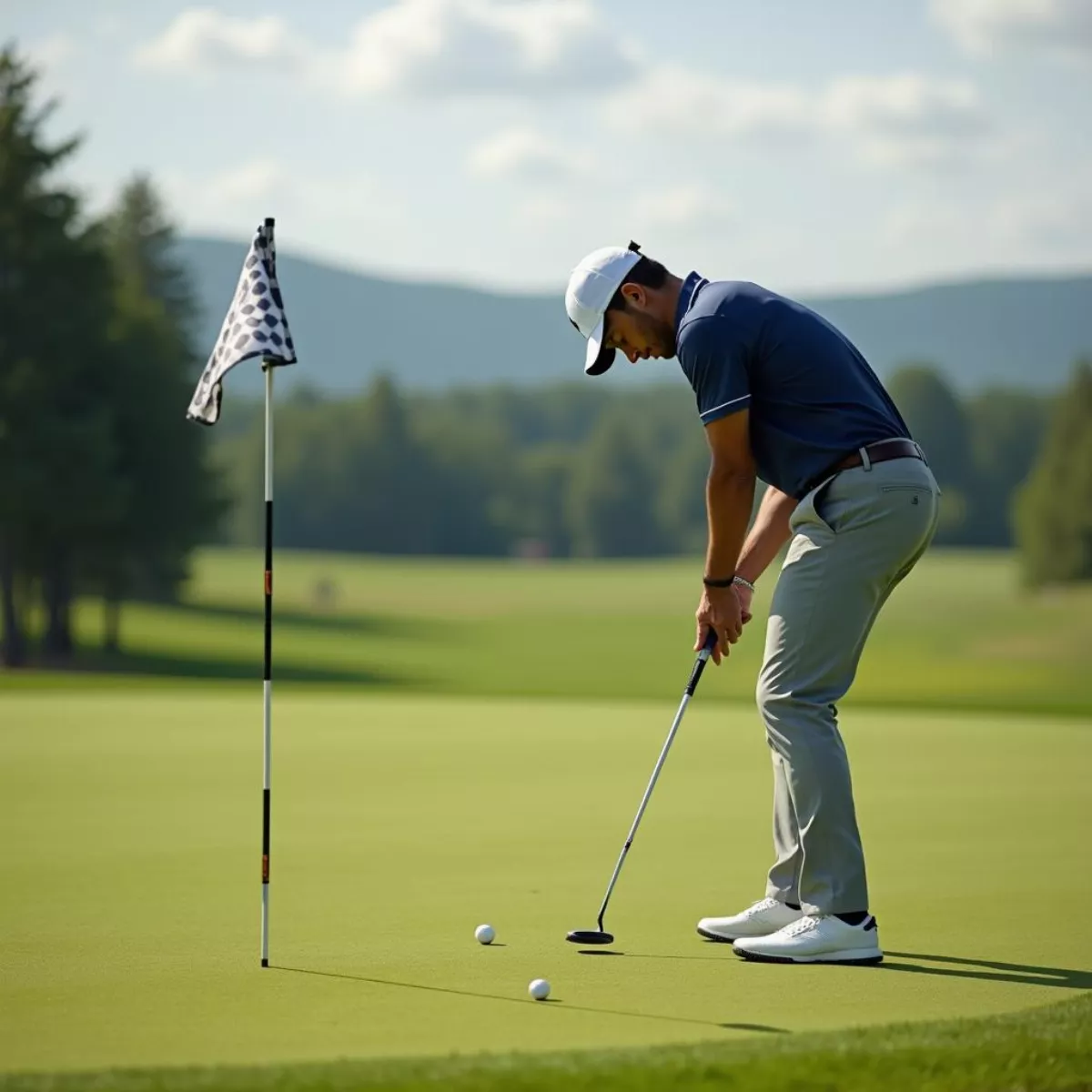 Golfer Aiming Putt At Flagstick