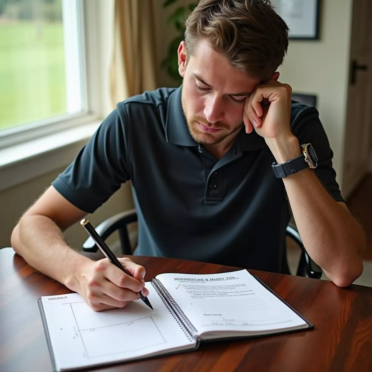 Golfer Analyzing Putting Performance in Notebook