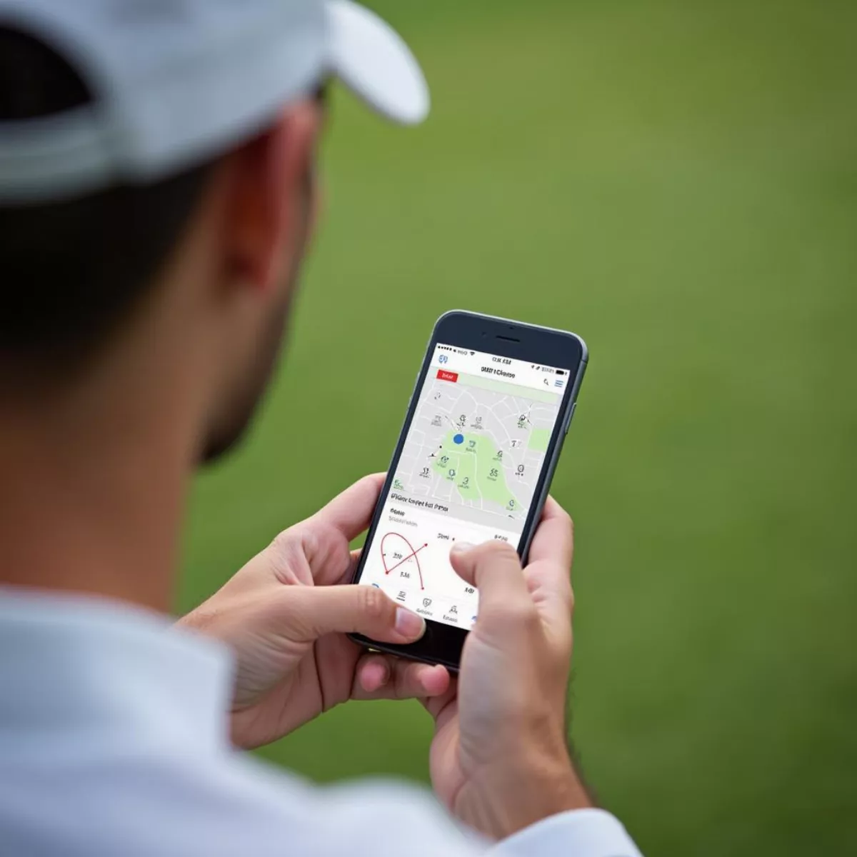 Golfer Analyzing Shot Data On Smartphone