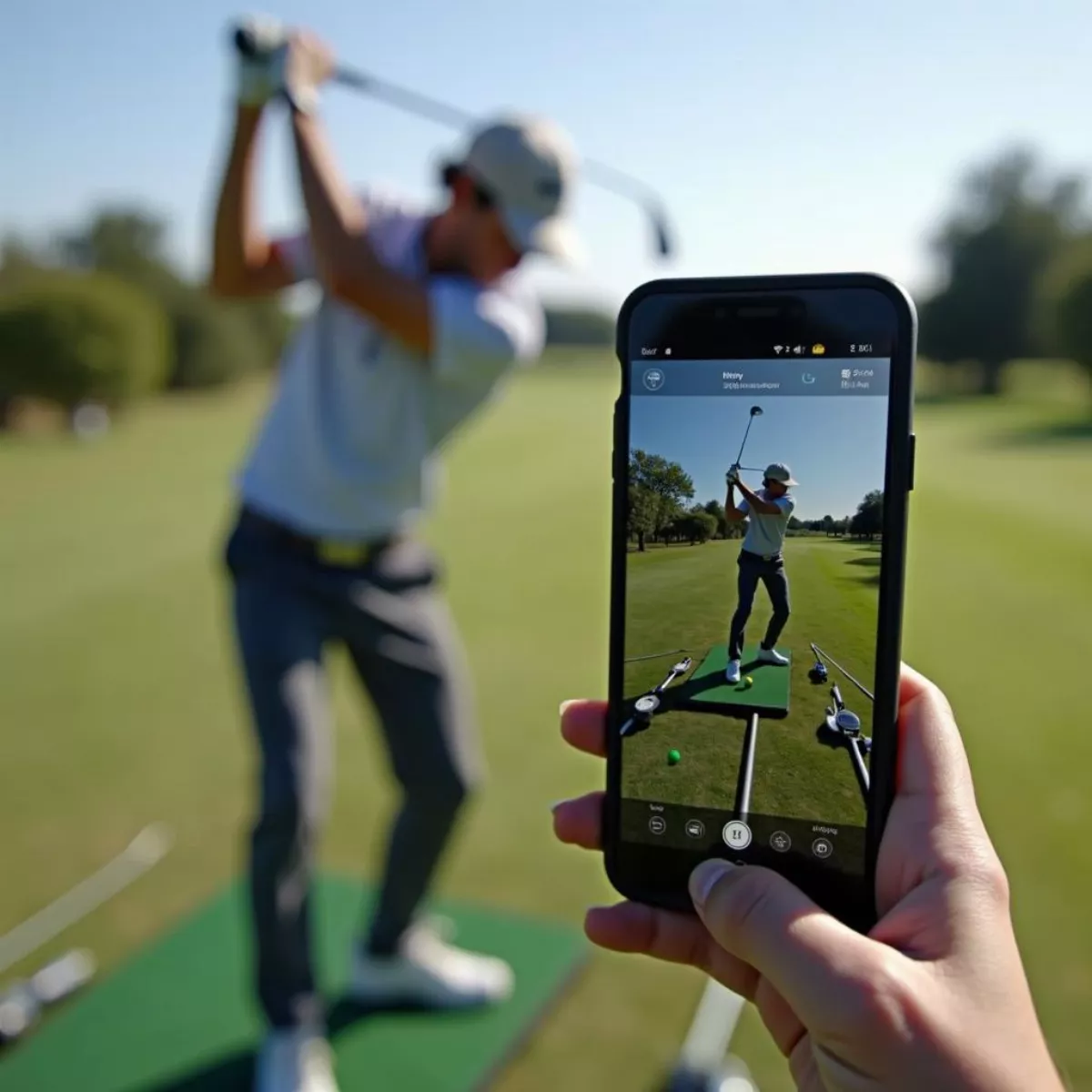 A Golfer Analyzing Their Swing Using Their Phone Recording In Slow Motion While Using Foam Golf Balls.