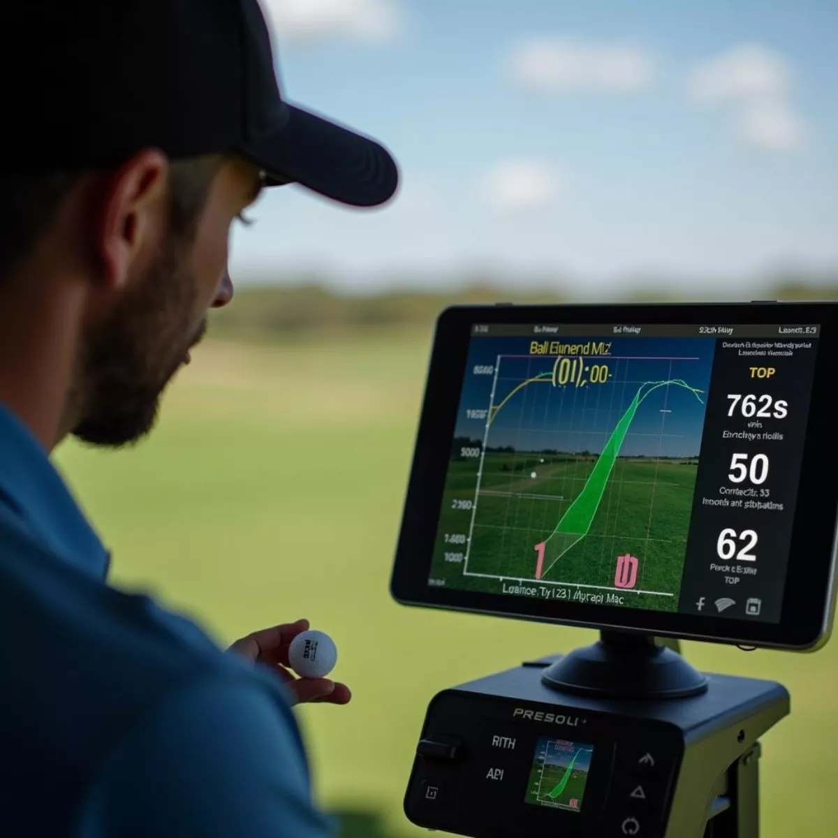 Golfer Analyzing Swing Data On Launch Monitor