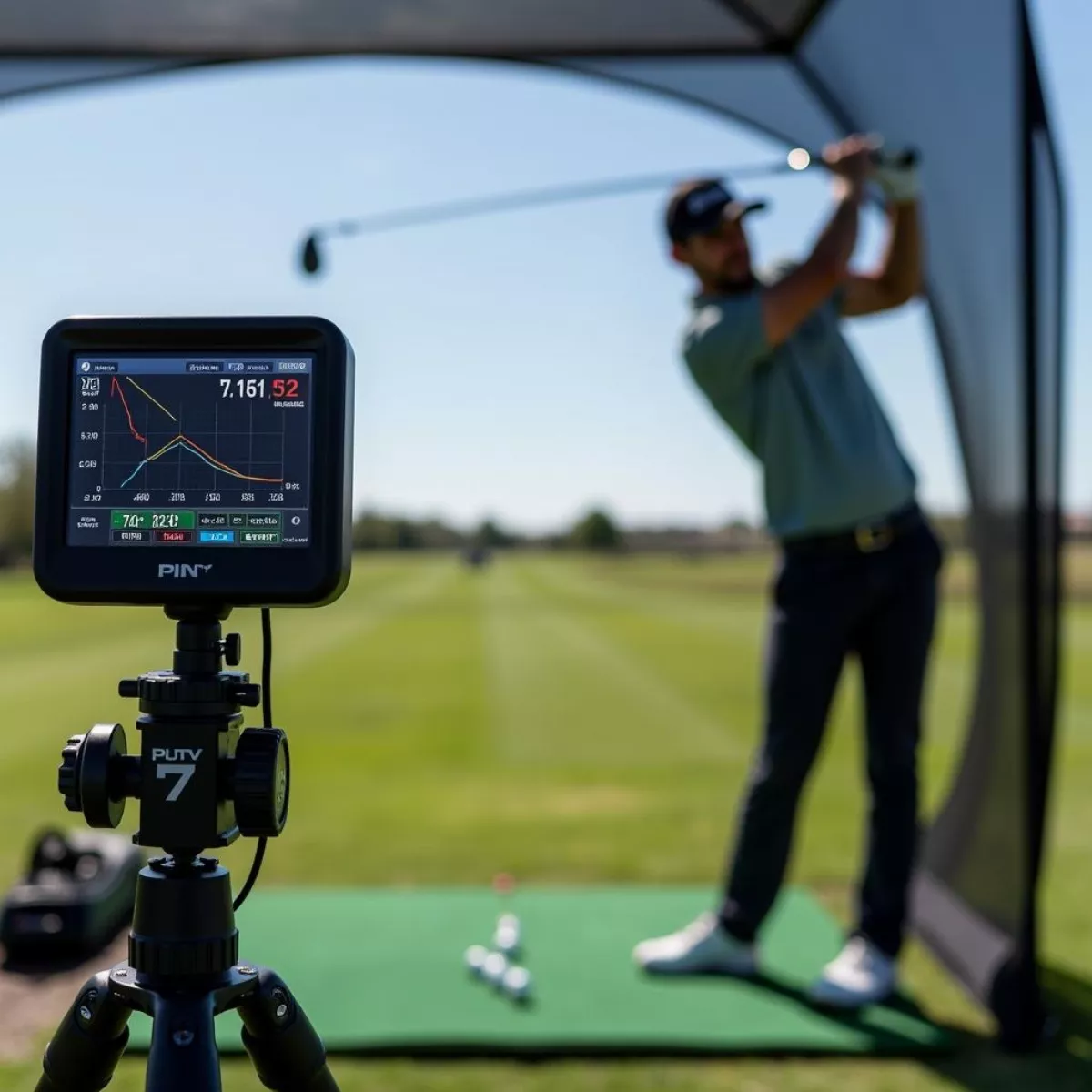 Golfer analyzing swing on driving range