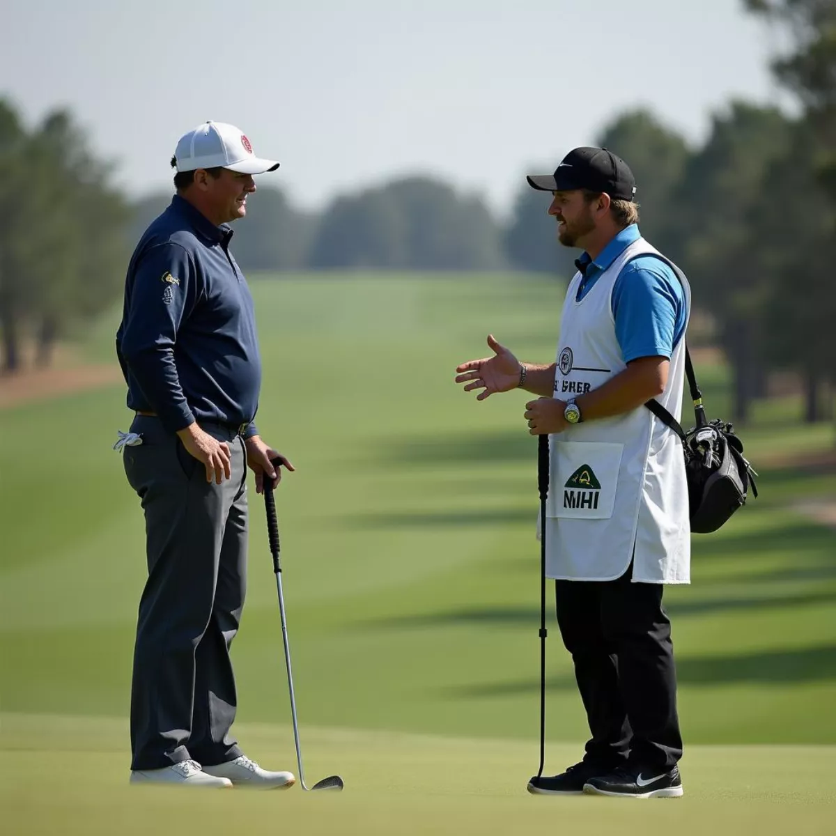 Golfer And Caddie Discussing Strategy On The Course