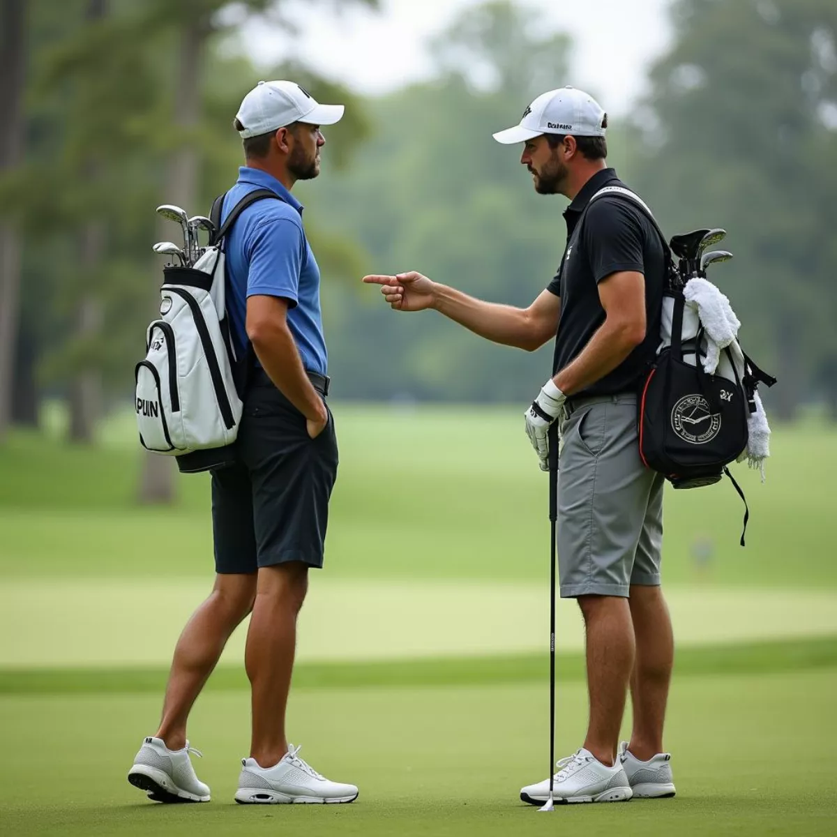 Golfer And Caddy Discussing Strategy On The Course