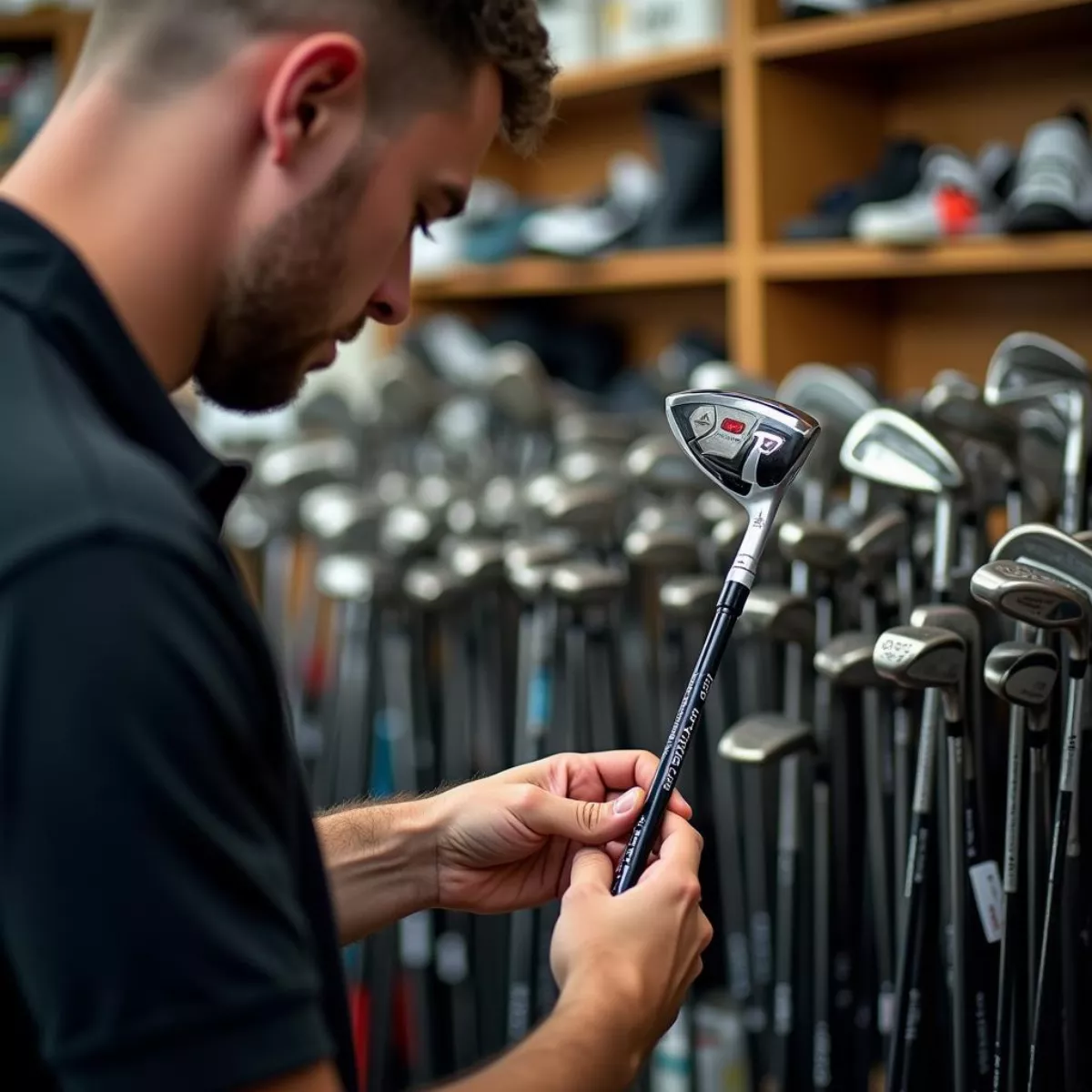 Golfer Browsing Used Clubs In Store