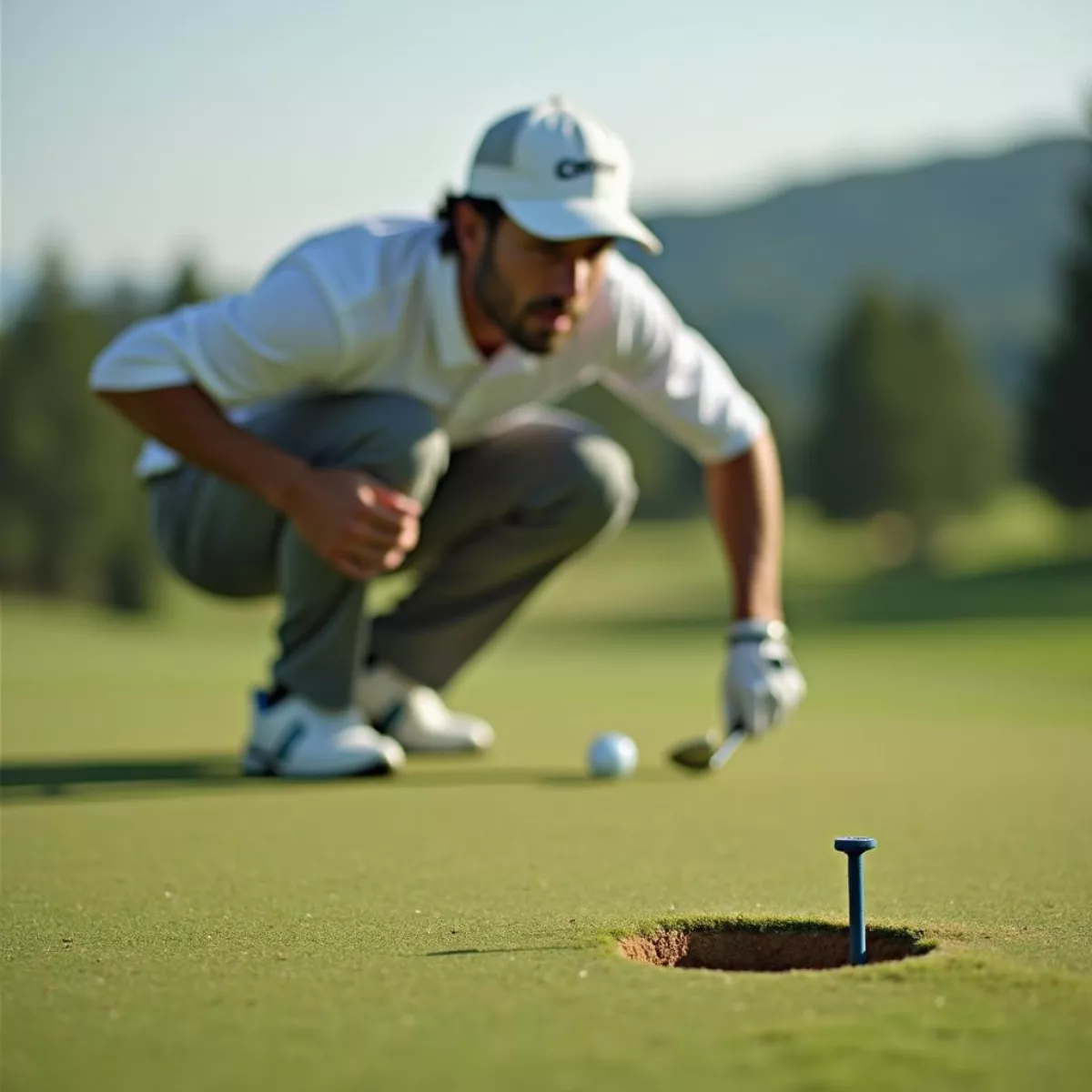 Golfer Replacing Broken Tee On Golf Course