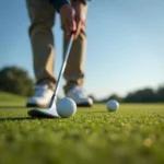 Golfer chipping ball onto green