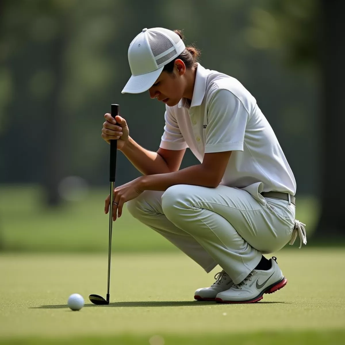 Golfer Lining Up Putt With Focused Concentration