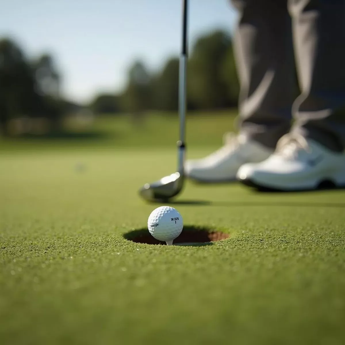 Golfer Lining Up Putt with Bridgestone Green Dot Ball