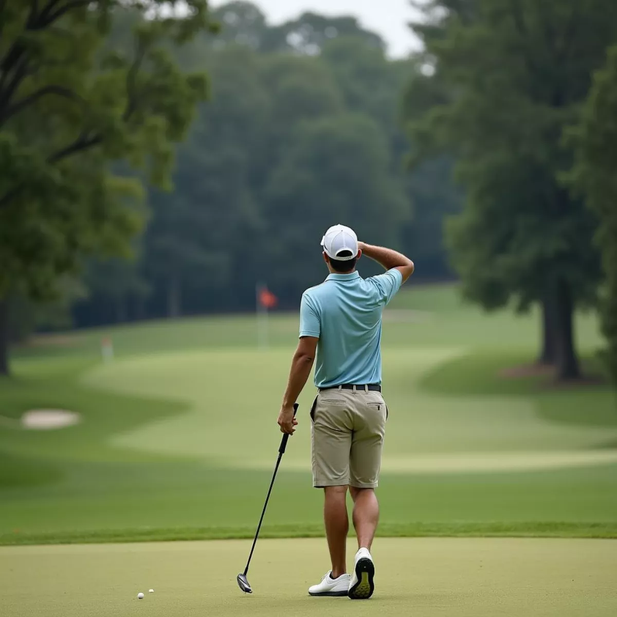 Golfer Planning Shot Considering Wind Direction