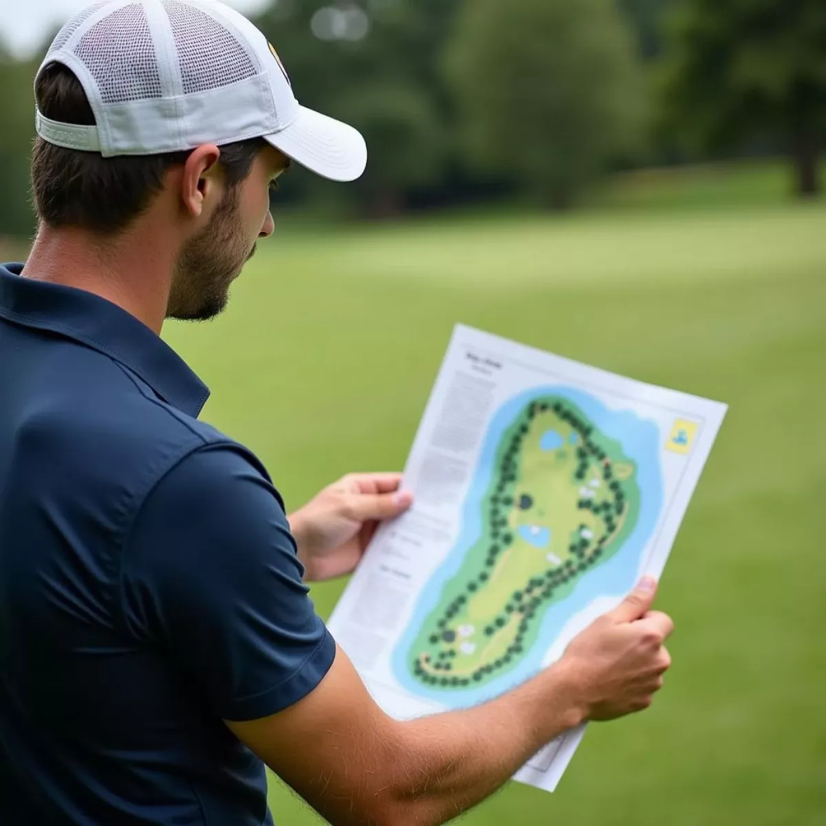 Golfer Planning Shot With Course Map