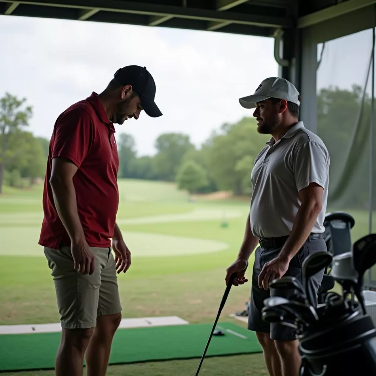 Golfer Practicing At Driving Range With Coach