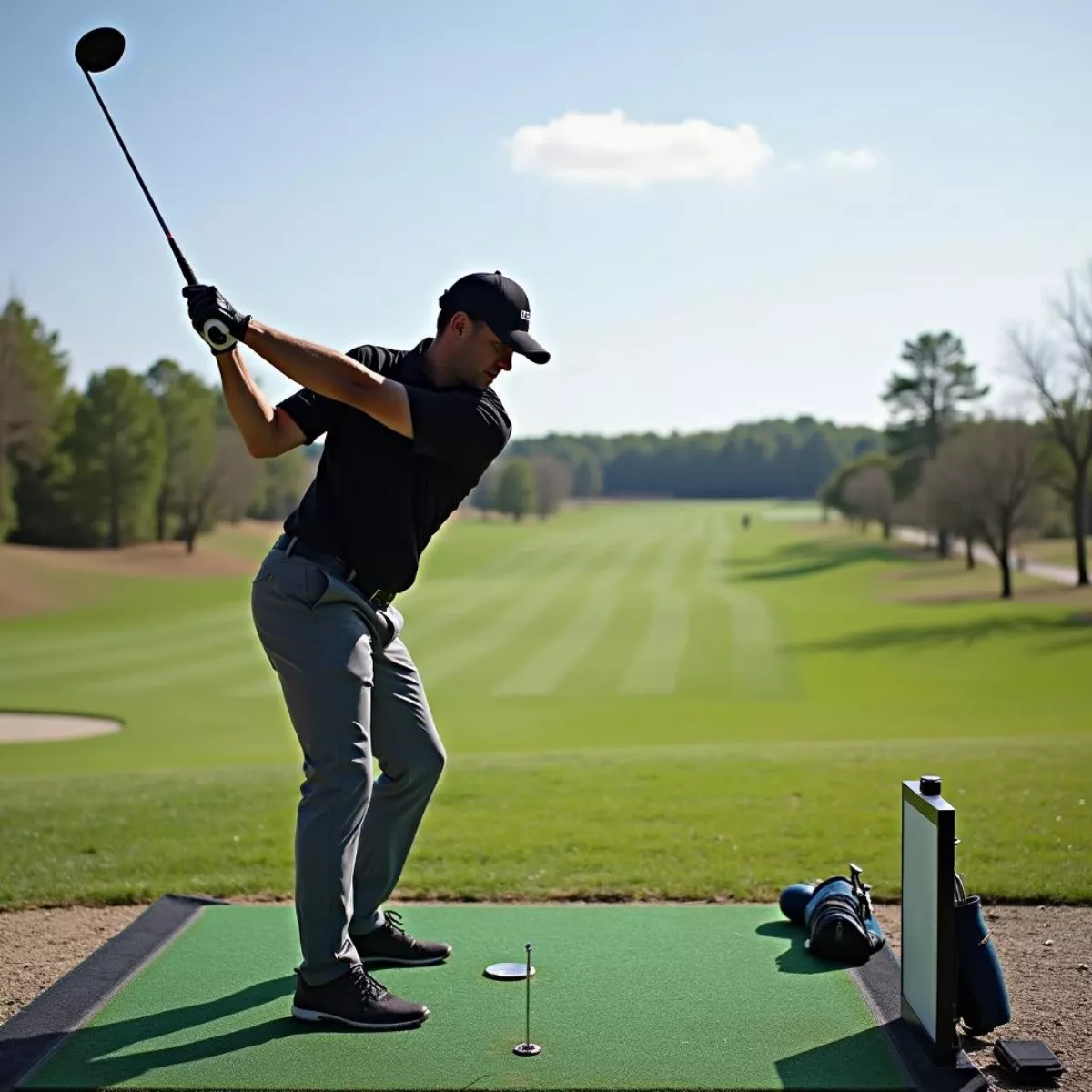 Golfer Practicing Draw At Driving Range