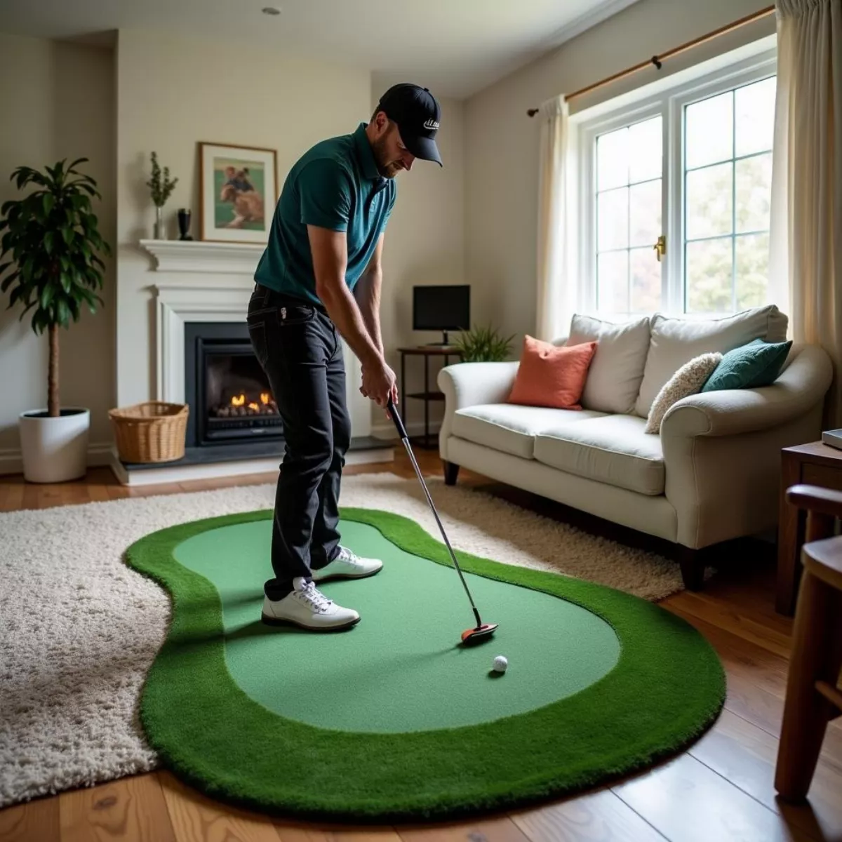 Golfer Using Indoor Putting Green