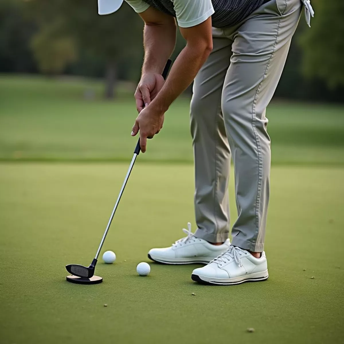 Golfer Analyzing Putting Stroke With Alignment Tool