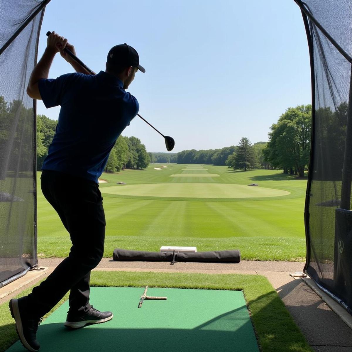 Golfer practicing swing at driving range