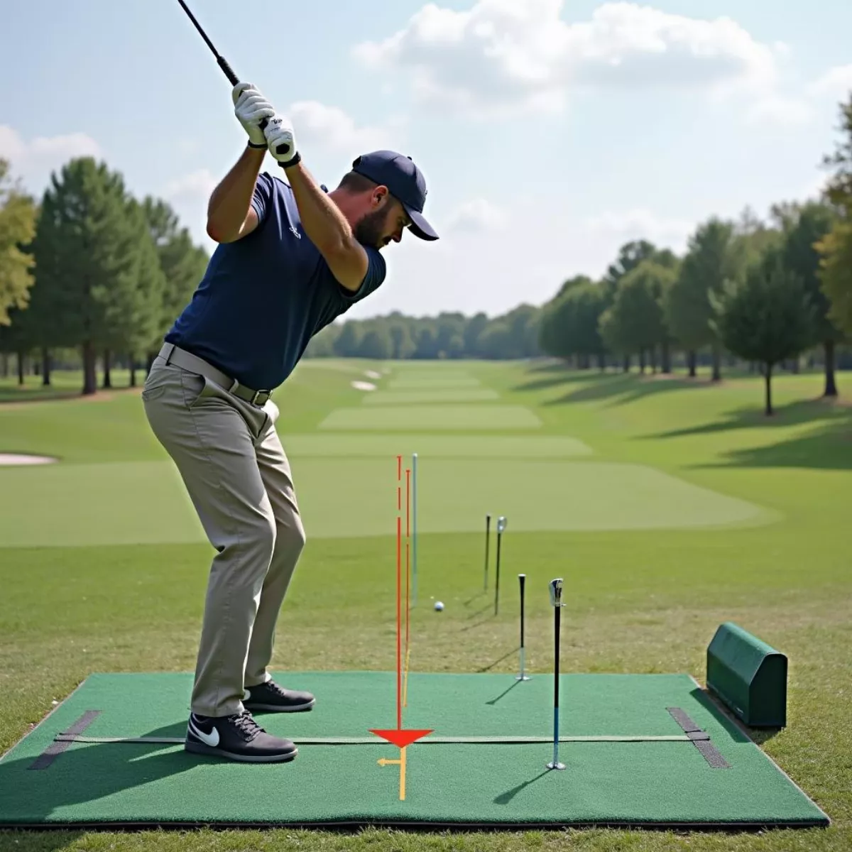 Golfer Practicing Swing With Alignment Sticks