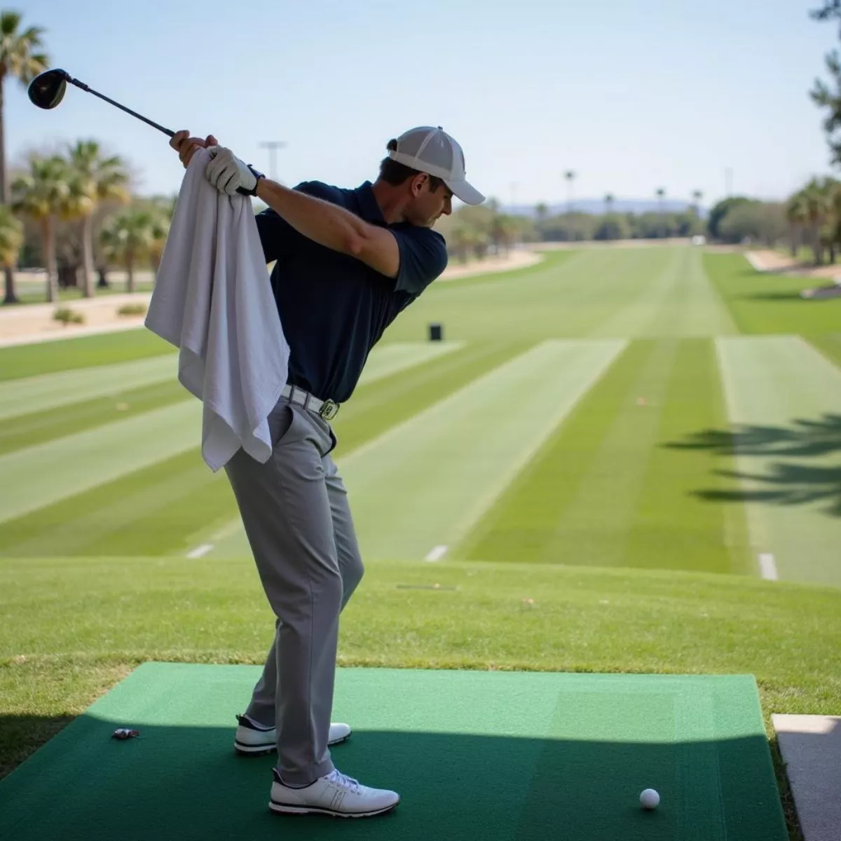 Golfer Practicing Swing With Towel