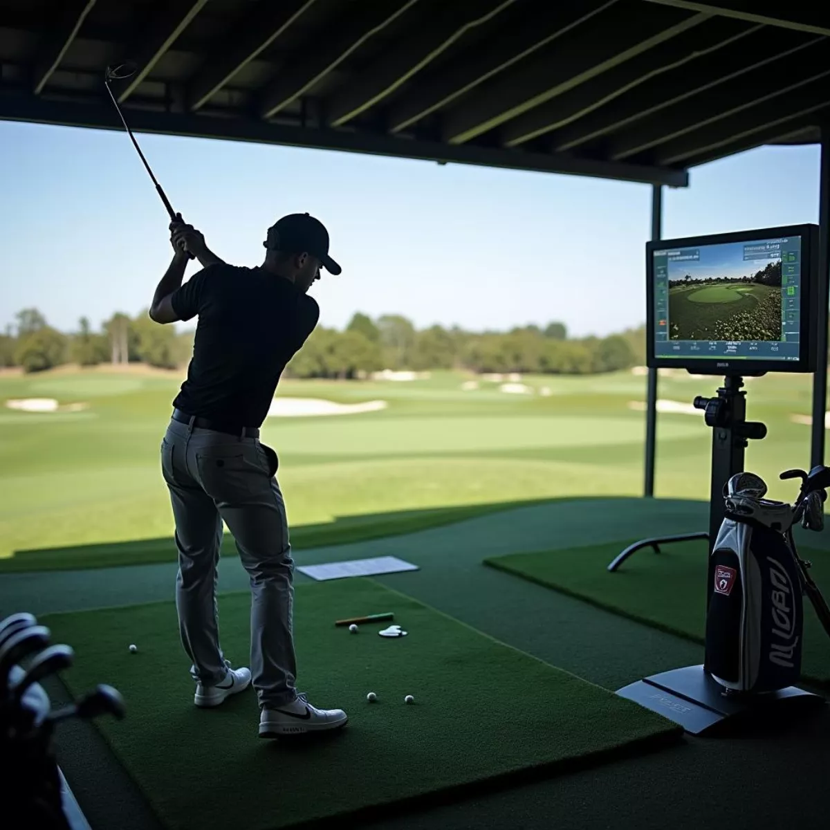 Golfer Practicing With Launch Monitor