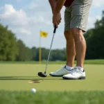 Golfer using a putter on the green
