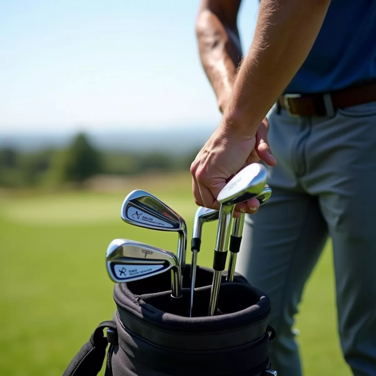 Golfer Selecting Hybrid Iron From Bag