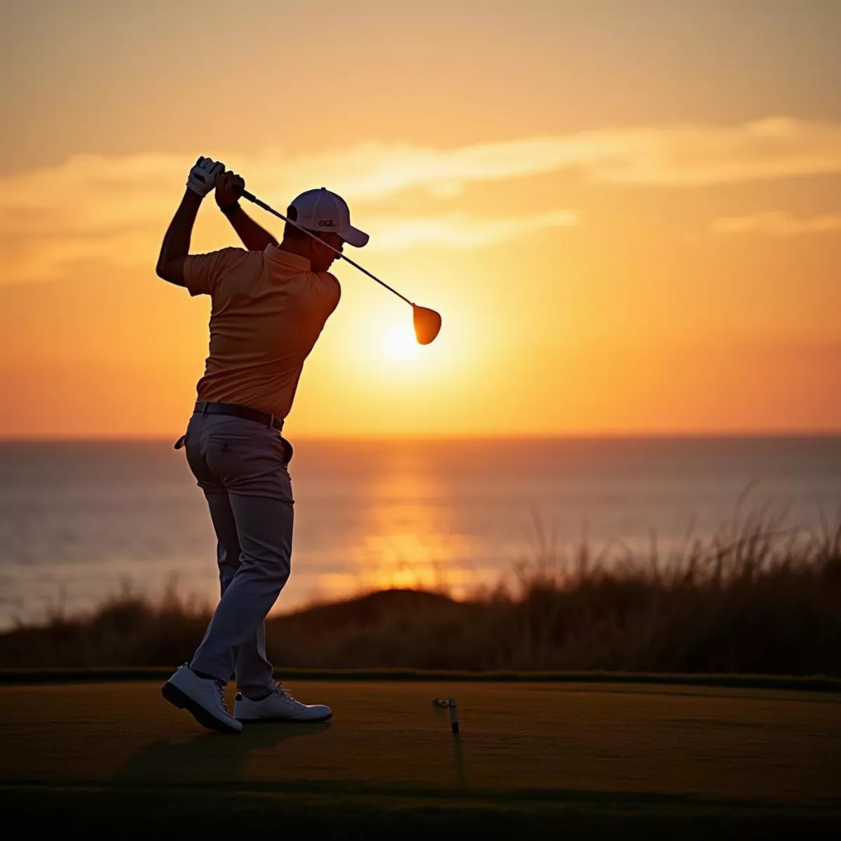 Golfer Taking A Swing With Ocean View