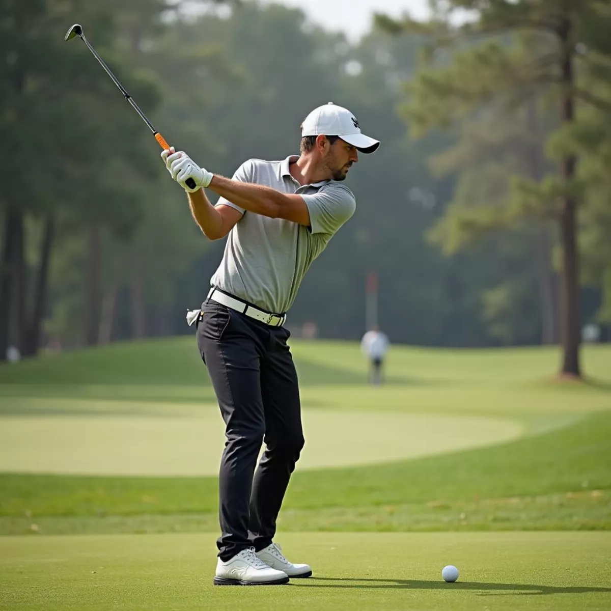 Golfer Swinging An Iron At The Golf Ball.