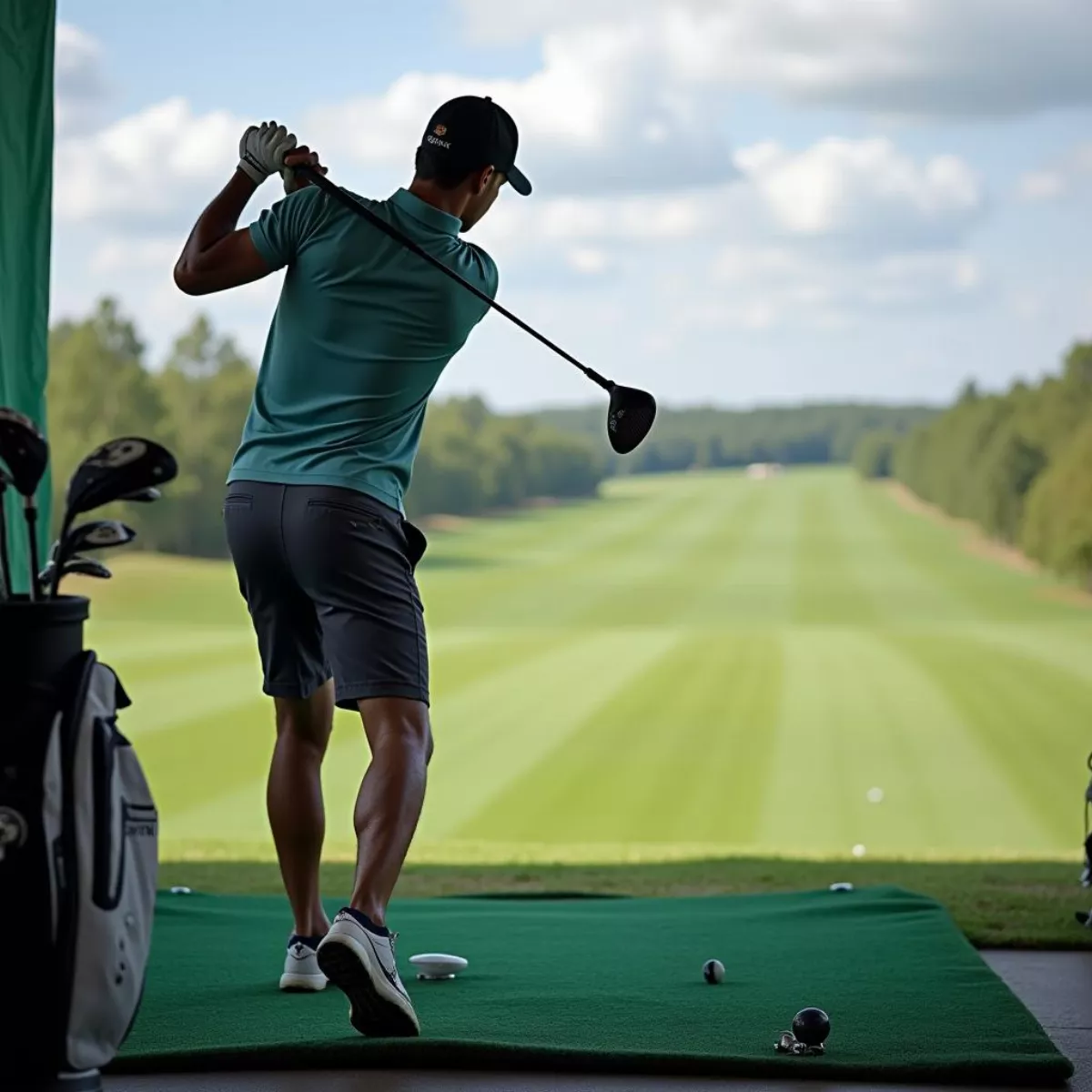 Golfer Practicing Swing On Driving Range