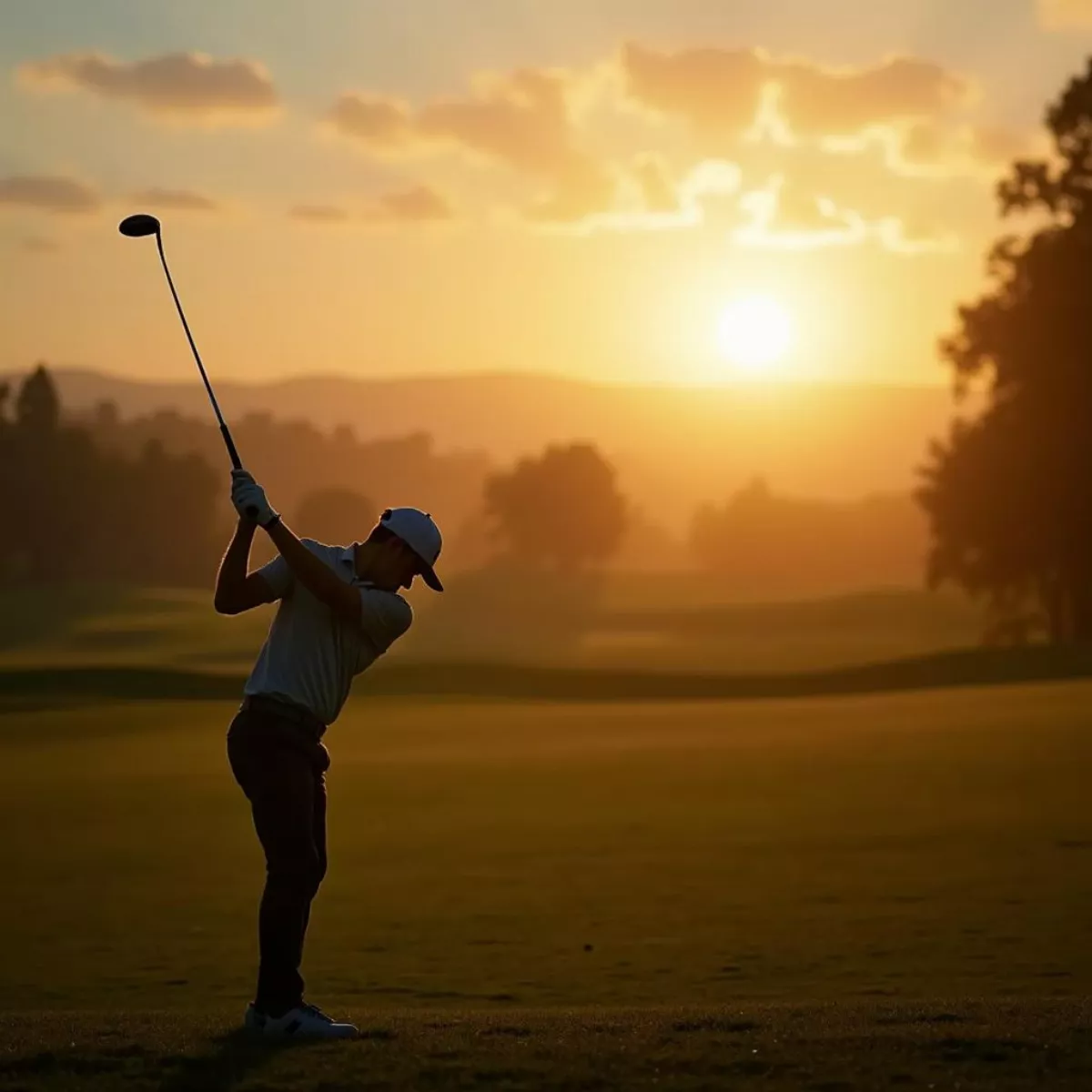 Golfer Teeing Off At Sunrise