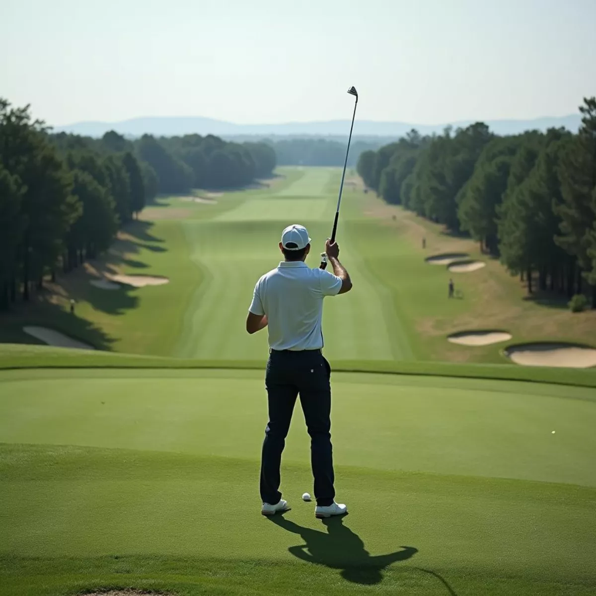 Golfer Teeing Off on a Long Par 5 Hole