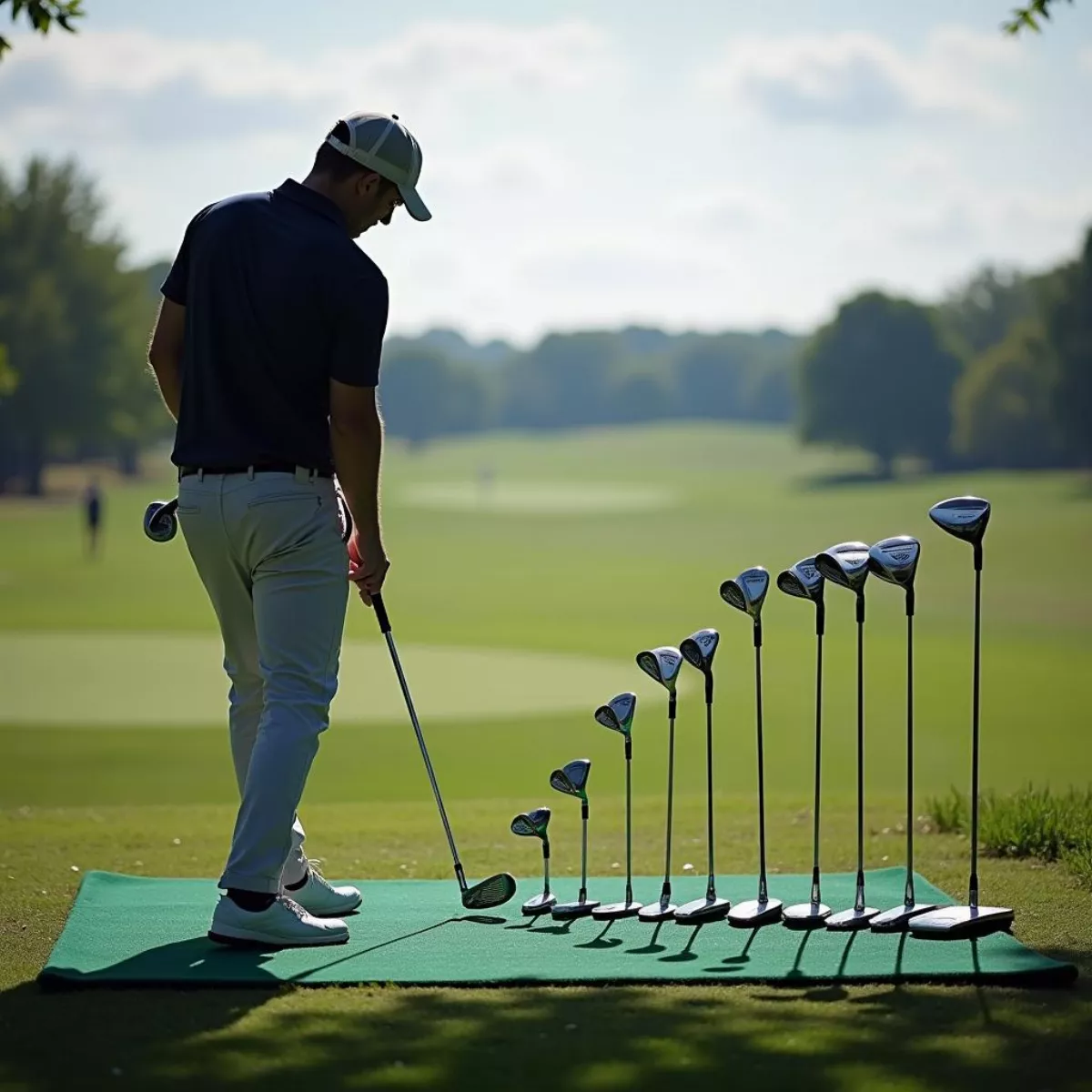 Golfer Testing Different Clubs On Driving Range