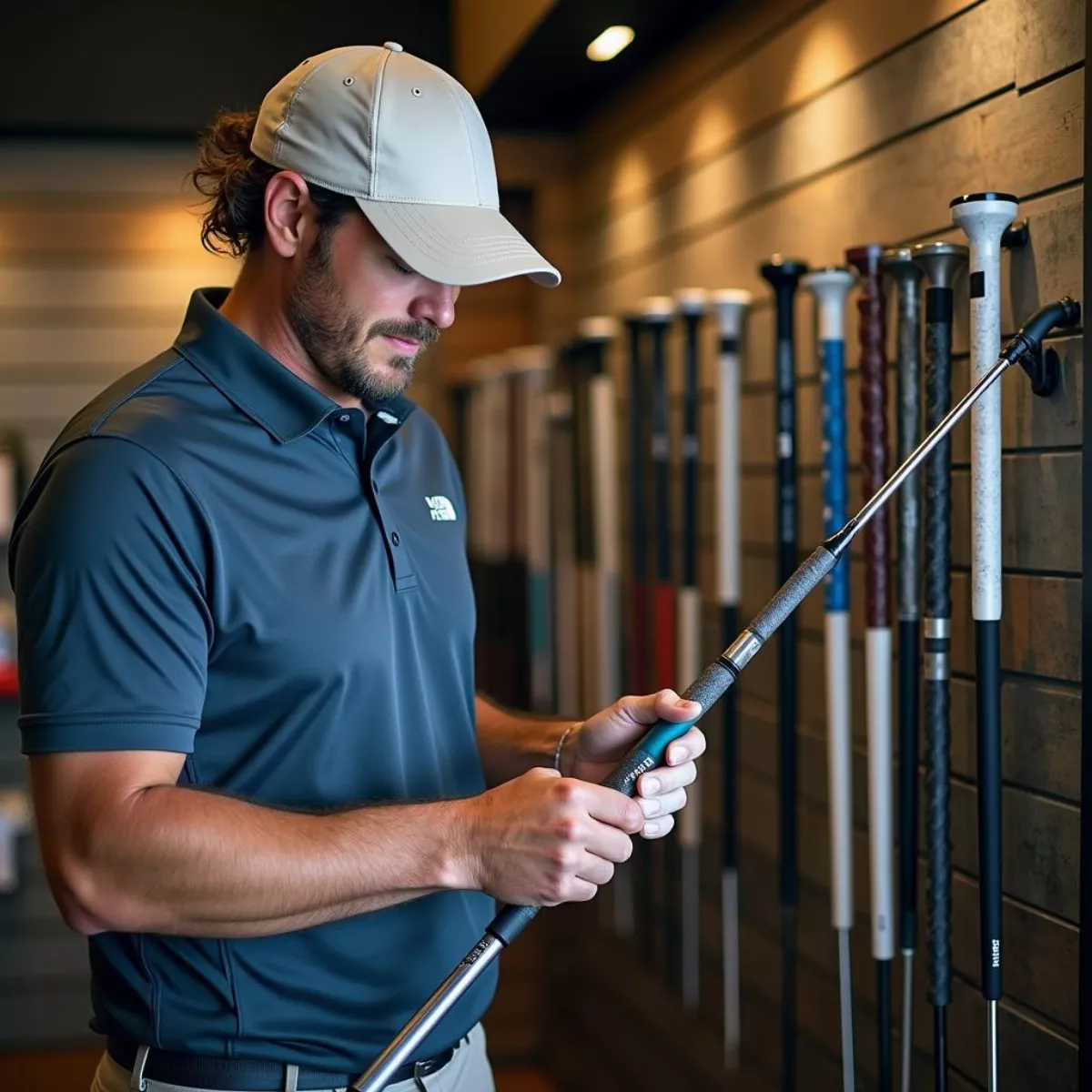 Golfer testing grips in a golf store