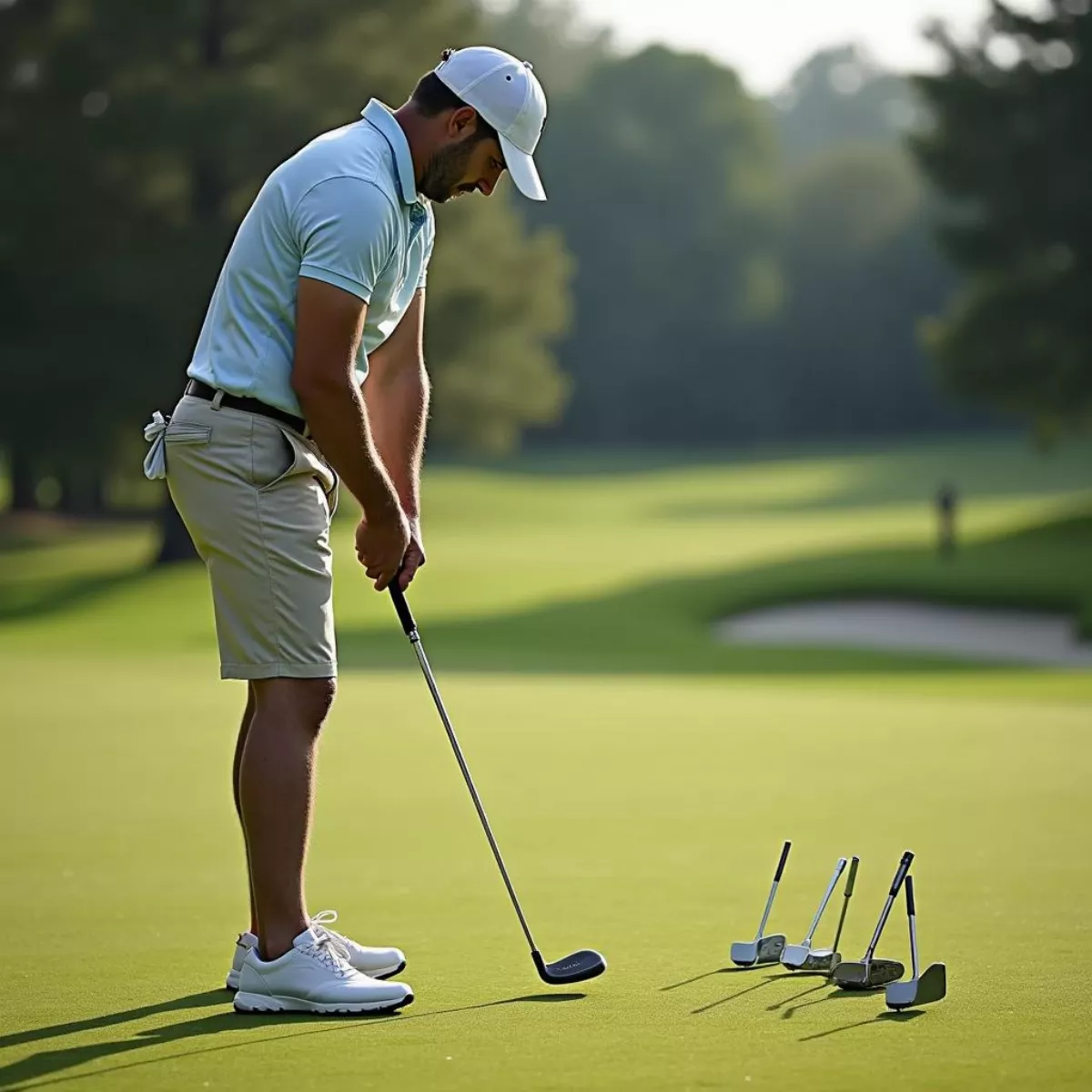 Golfer Testing Putters On Green