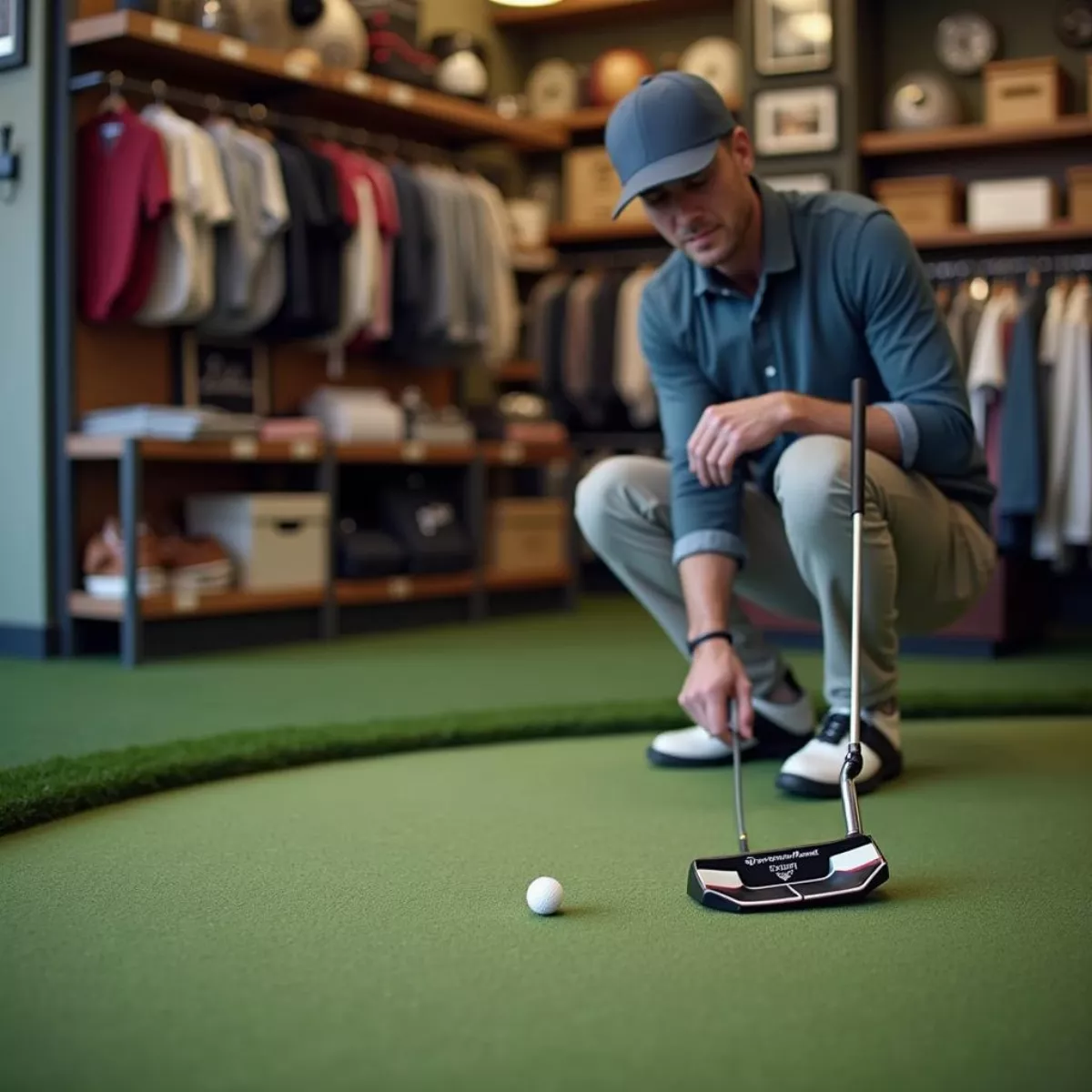 Golfer Testing Putter In Pro Shop